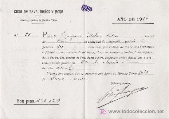Documentos antigos: CASA DE TEVA, BA&Ntilde;OS Y MORA. PAGO DE CENSOS A LA CONDESA. 1910.